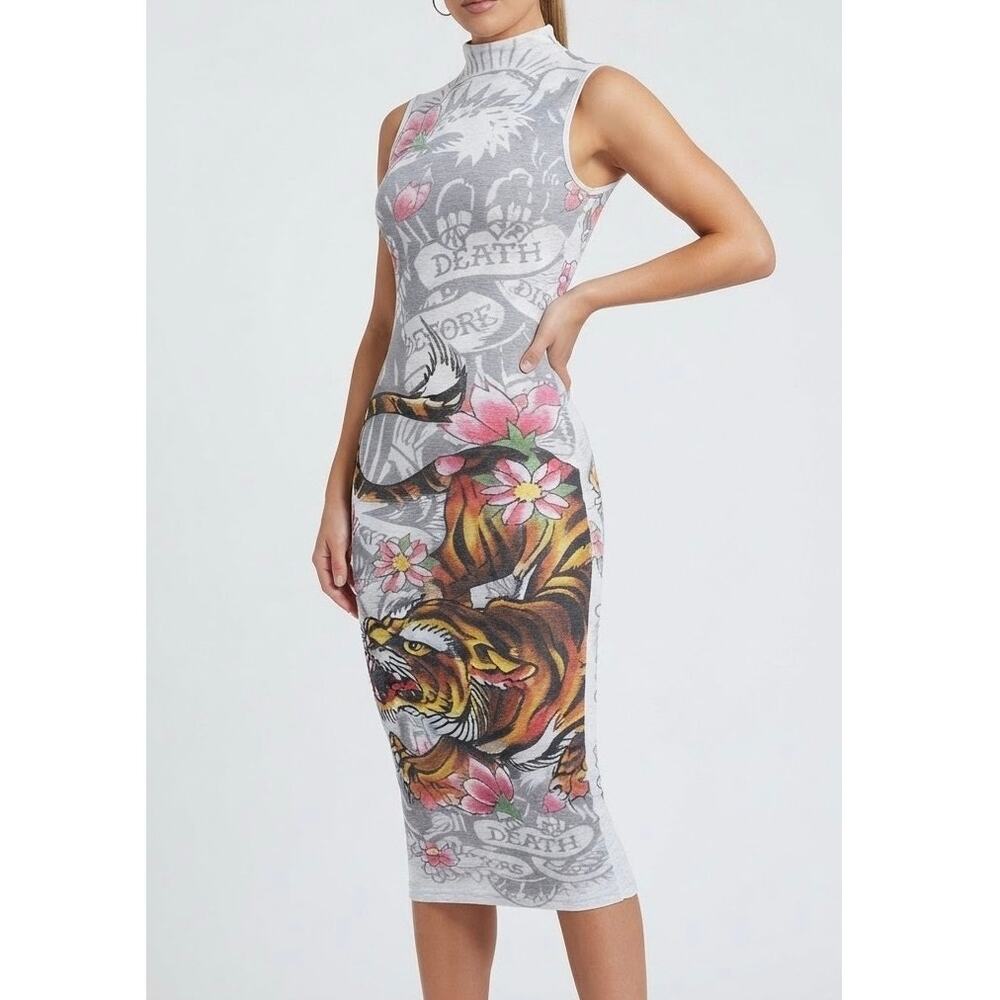 Ed Hardy Tattoo Tiger Mesh Maxi Dress Y2K Grunge Cyber Mock Neck Bodycon Size S